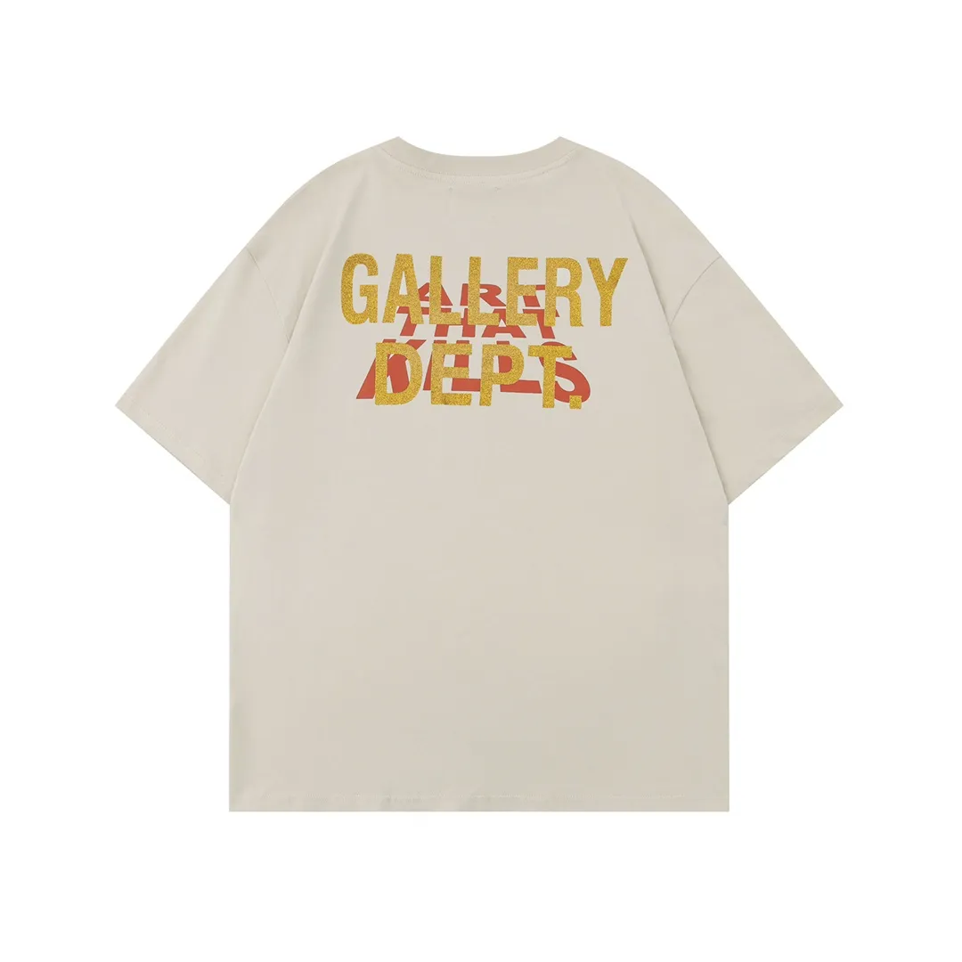 Model D109 Gallery dept European and American washed trendy brand printed high street T-shirts, same style for men and women, gilded letters on the back, after washing and shaping, it does not change shape and does not pill, comfortable and breathable, apricot S to XL, p106